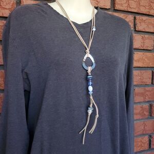 Boho Necklace Blue Beads Silvertone Pendant Faux Leather Cord Hippie Bohemian